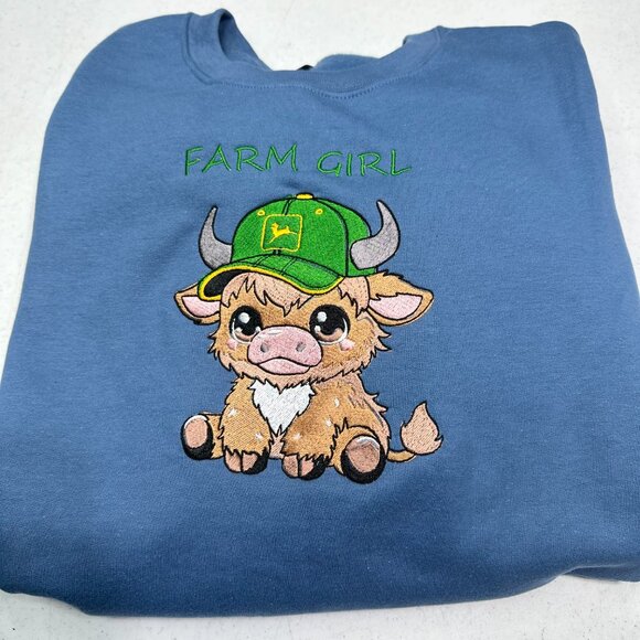 Highland Cow Sweatshirt John Deere Farm Girl Embroidered Adult Unisex Crewneck - Picture 3 of 6